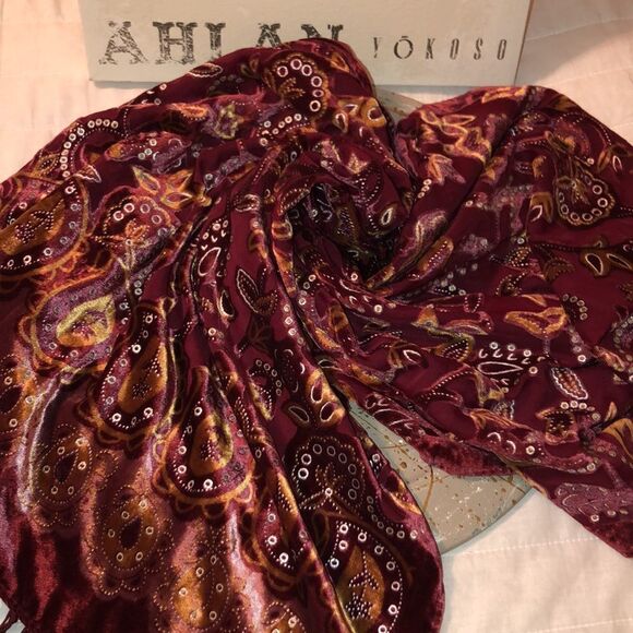 Large Velour Burgundy Mustard Gold Metallic Floral Paisley Scarf Wrap Tassels - Picture 1 of 9